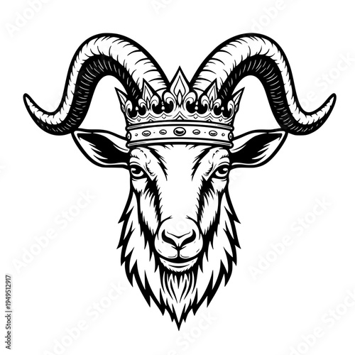 A regal ram, crowned and proud, a symbol of strength and leadership, in a detailed monochrome illustration.
