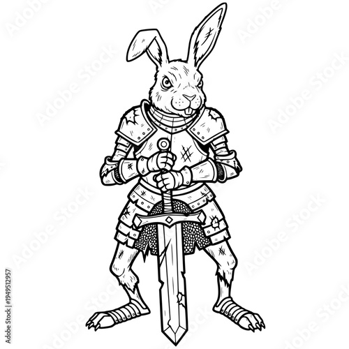 A brave rabbit knight stands ready, adorned in battle armor and brandishing a longsword, a captivating line art depiction.
