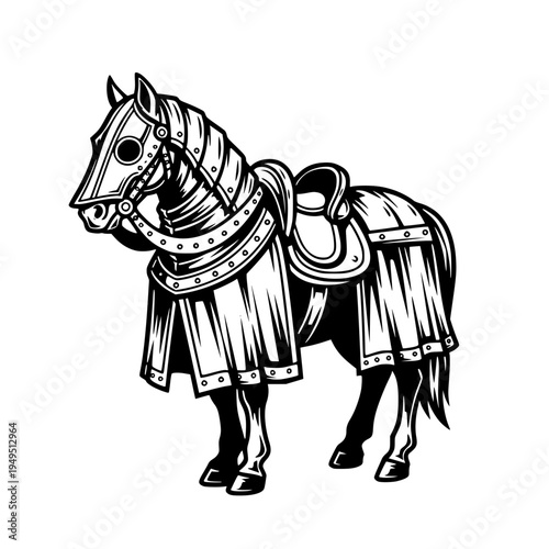 A meticulously crafted drawing showcases a majestic, armored warhorse, embodying power and historical significance, perfect for evoking a sense of valor and medieval times.