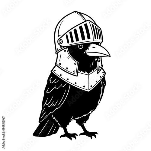A brave Raven knight stands poised, clad in shining armor and helmet, ready for a noble quest. This striking image evokes a sense of courage, and chivalry.