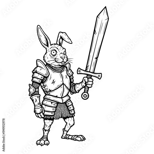 A valiant rabbit warrior stands ready for battle, brandishing a shining sword, clad in a suit of armor. Ready to take on any challenge.