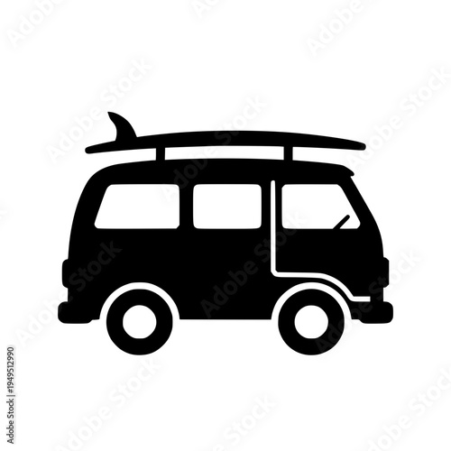 A stylized image of a vintage camper van, surf board, ready for exploration and adventure. Perfect for travel themes.