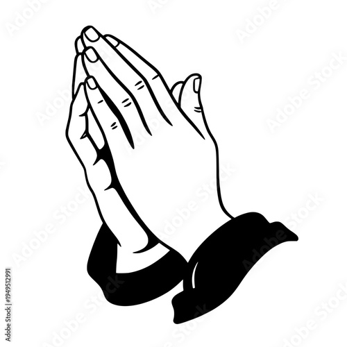 Praying hands are clasped together in a pose of spiritual devotion, offering a serene glimpse into faith and tranquility. This black and white graphic design conveys reverence and peace.