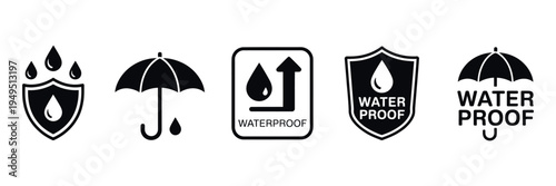 Water proof Icon Set with Water Resistant Signs and Shield Protection Symbols, Water Proof Packaging Marks Collection for Product Labels, Safety Certification, Moisture Protection