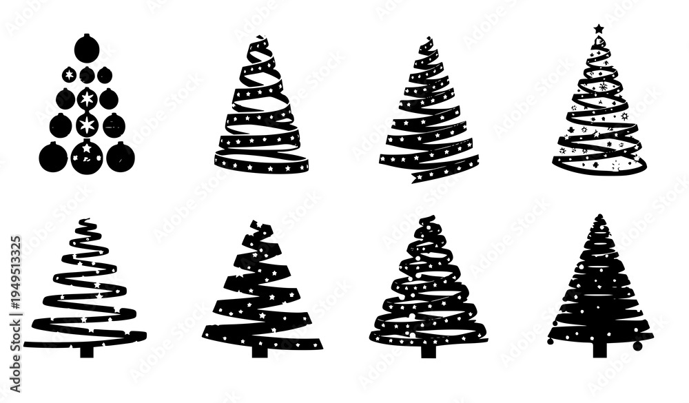Fototapeta premium Stylish Christmas tree vector set festive holiday decorative tree illustrations
