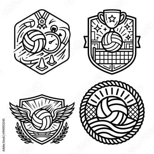 Volleyball scene bundle with beach stadium and mountain emblems