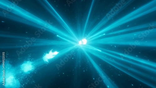 Abstract turquoise explosion with radiating lines, deep blue background and particles