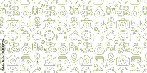 Business and finance seamless pattern with money, coins, wallets and credit cards for branding, banking web design, economy concept. Green line vector background on white for cover, wrapping paper