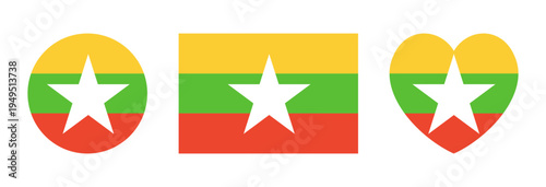 Flag of Myanmar flat icons. Heart shaped, round, rectangular national flag of Myanmar backgrounds. Set of heart, circle, rectangle flag of Myanmar badge, sticker. Button, banner flag Myanmar.