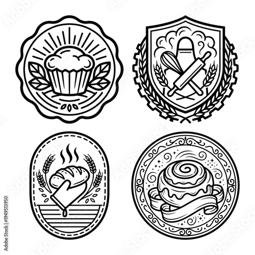 Sweet bakery badge bundle with cupcake bread tools and cinnamon roll