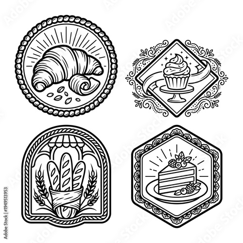 Pastry shop badge bundle with croissant cupcake bread and cake