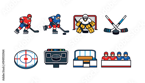 Ice hockey gameplay elements: player skating with stick, player shooting puck, goalie blocking puck, crossed hockey sticks with puck, rink center faceoff circle, scoreboard with