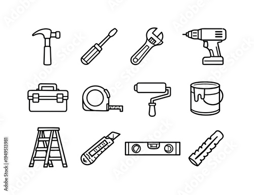 DIY home repair tools: hammer, screwdriver, adjustable wrench, electric drill, toolbox case, measuring tape, paint roller, paint bucket, ladder, utility knife, level ruler tool