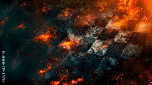 Dark fiery racing checkered flag background with orange red flames smoke and flying sparks