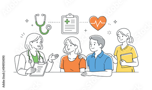 A healthcare consultation scene where a doctor calmly discusses symptoms and treatment options with a patient during a routine clinic visit, using a clear visual metaphor of a