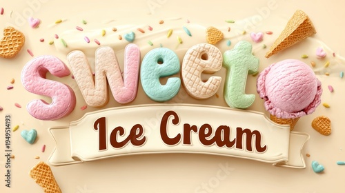 Colorful Ice Cream Typography with Waffle Cones and Sprinkles Design