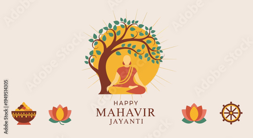 Happy Mahavir Jayanti: Monk Meditating Under Tree, Lotus, Dharma Wheel