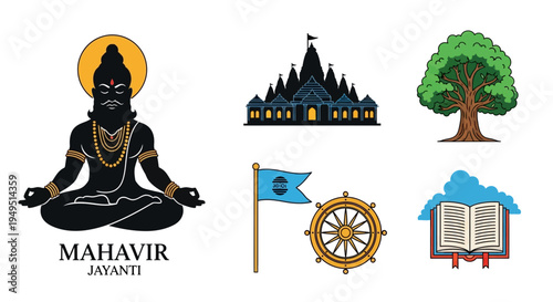 Mahavir Jayanti: Lord Mahavir meditating, temple, tree, flag, dharma chakra, book, clouds