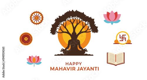 Mahavir Jayanti: Meditating figure under tree, Buddhist and Jain symbols, open book, lotus flowers