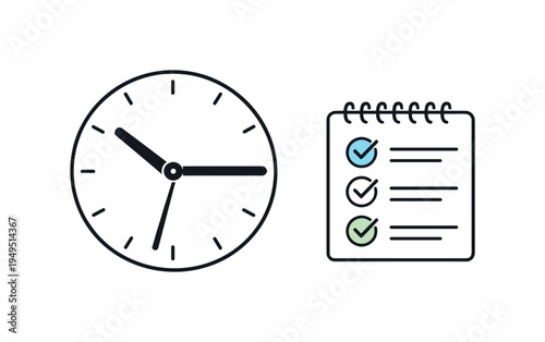 Time management and balanced daily productivity in a modern professional routine, a simple round clock paired with a small checkmark list forming a clear scene of organized tasks