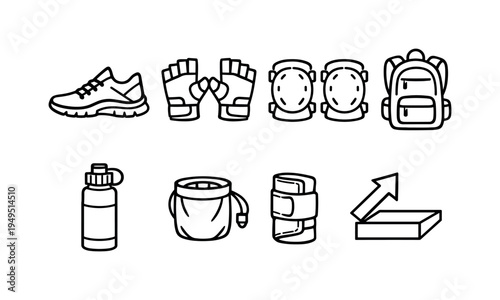 Urban parkour essentials: running shoes, fingerless gloves, knee pads, backpack, water bottle, chalk bag, wrist guard, wall vault marker