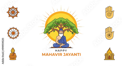 Happy Mahavir Jayanti: Lord Mahavir meditating under a tree with religious symbols