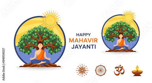 Happy Mahavir Jayanti: Lord Mahavir Meditating Under Tree, Symbols of Jainism