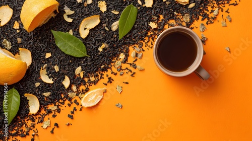 The image features a cup of dark tea or coffee placed on an orange surface