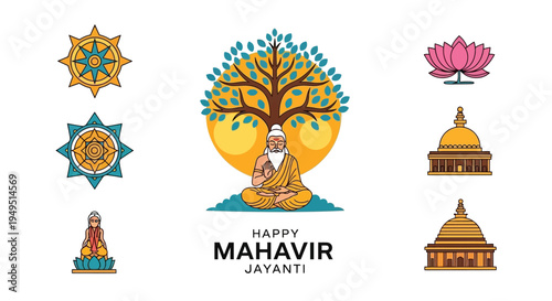 Happy Mahavir Jayanti: Lord Mahavir meditating under tree, symbols, stupas, lotus