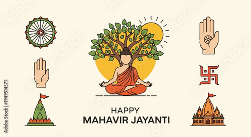 Happy Mahavir Jayanti: Lord Mahavir Meditating Under Tree, Jain Symbols, Temple