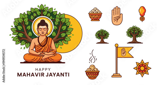 Happy Mahavir Jayanti: Lord Mahavir Meditating Under Tree, Symbols of Jainism