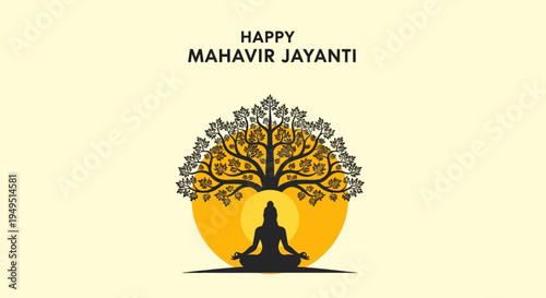 Happy Mahavir Jayanti: Meditating figure under a tree, spiritual enlightenment, Jainism celebration