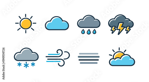 Weather forecast conditions: sunny sun icon, cloudy sky cloud, rain cloud with drops, thunderstorm lightning cloud, snowflake snowfall cloud, windy air swirl, fog mist lines