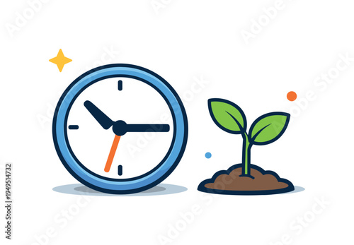 Healthy productivity habits and mindful daily routines supporting balanced work performance and long term personal wellbeing, a simple clock paired with a small plant sprout