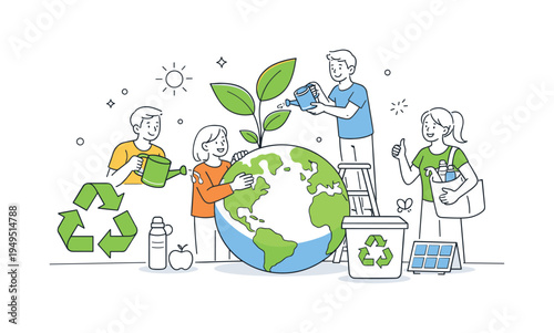 People building sustainable environmental habits together, several characters gathered around a large globe with a growing leafy plant while a recycling symbol nearby represents