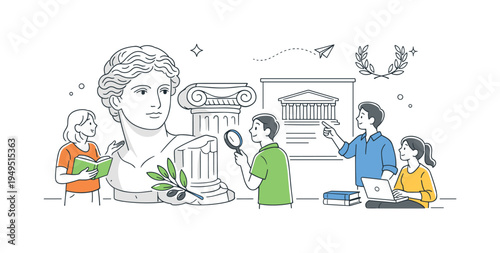 A classical art exploration concept where a team studies ancient sculpture forms and their influence on architecture and visual culture across history, visual metaphor of a stone