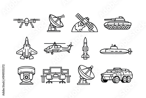 Military technology equipment: military drone, radar dish antenna, satellite orbiting earth, armored tank vehicle, fighter jet aircraft, military helicopter, missile rocket