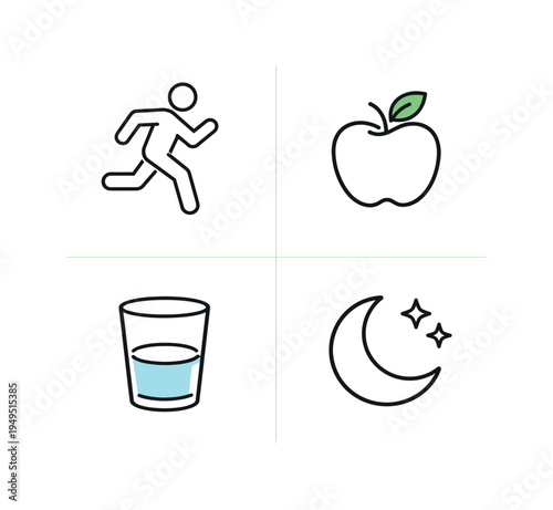 Healthy lifestyle balance and sustainable daily wellbeing habits where individuals exercise regularly, eat nutritious meals, hydrate consistently, and rest properly to maintain