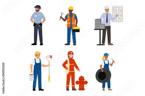 Set of six professions. People of different professions with their own attributes and their own uniforms. Flat vector illustration