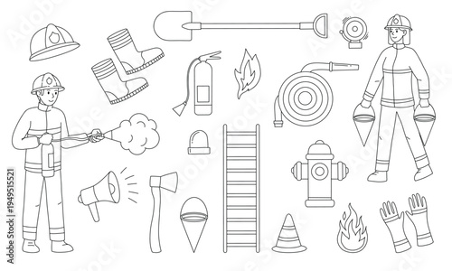 Large black and white set of linear signs, elements of fire safety equipment, people. Set for fire safety training.