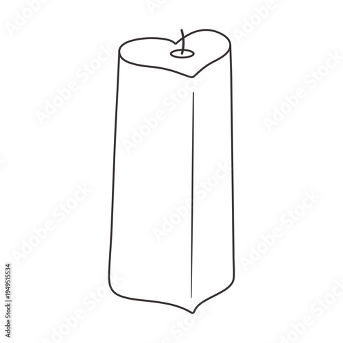 Heart-shaped contour Candle. Outline of wax Interior element with wick for Romance, dates, Valentine Day. Drawn in pencil. Isolated cozy Item. Symbol of Love, passion. Decoration. Vector illustration