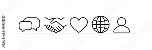 Human interaction and social communication representing cooperation connection and everyday interpersonal relationships in modern society, handshake, speech bubbles, heart, globe