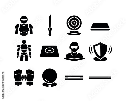 Futuristic cyber dojo: training droid, energy sword, holographic target, meditation mat, robotic sparring dummy, sensor pad, neon belt, virtual instructor, shield generator, combat
