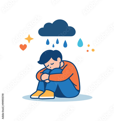 Human emotion illustration centered on moments of sadness and introspection within everyday life experiences, a solitary person figure beneath a small cloud icon creating a clear