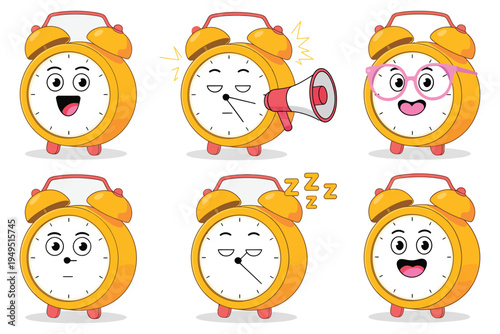 Cute Clock Cartoon Characters Vector Set Isolated on White Background, Funny Time Mascot Collection with Smiling Alarm Clocks, Kawaii Style Illustration for Kids Design, Education, Stickers and Prints