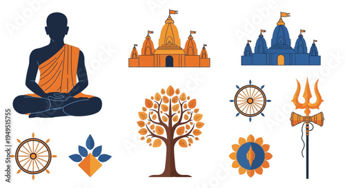 Spiritual Symbols: Meditation, Temples, Tree of Life, Dharma Wheel, Trident