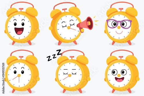 Cute Clock Cartoon Characters Vector Set Isolated on White Background, Funny Time Mascot Collection with Smiling Alarm Clocks, Kawaii Style Illustration for Kids Design, Education, Stickers and Prints