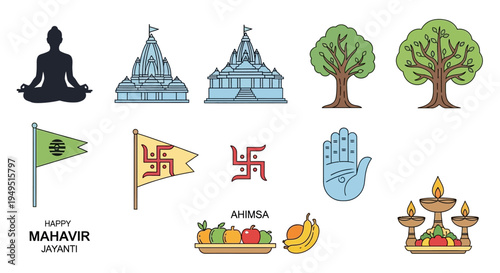 Happy Mahavir Jayanti Jain Festival Icons: Meditation, Temples, Trees, Symbols, Fruits, Lamp