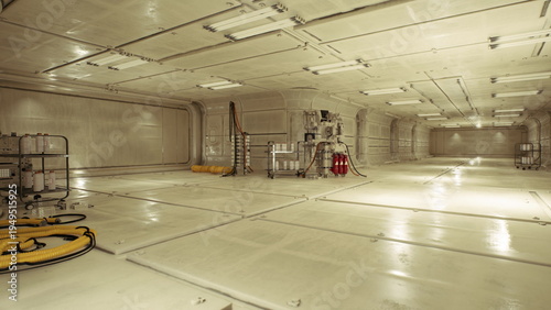 Open engineering hub with heavy machinery and power consoles, generator racks, piping and gauge clusters, workbench with toolset, industrial energy vibe.