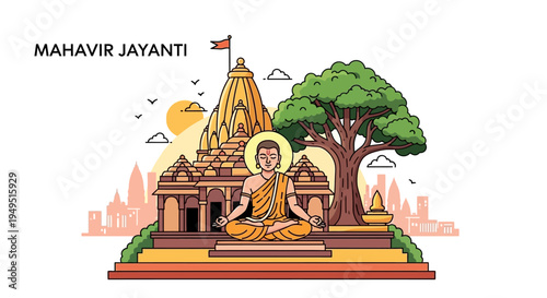 Mahavir Jayanti: Lord Mahavir meditating in front of a temple, symbolizing peace and spirituality